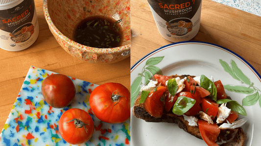 Heirloom Tomatoes on Cutting Board with Sacred 7 Mushroom Extract Powder